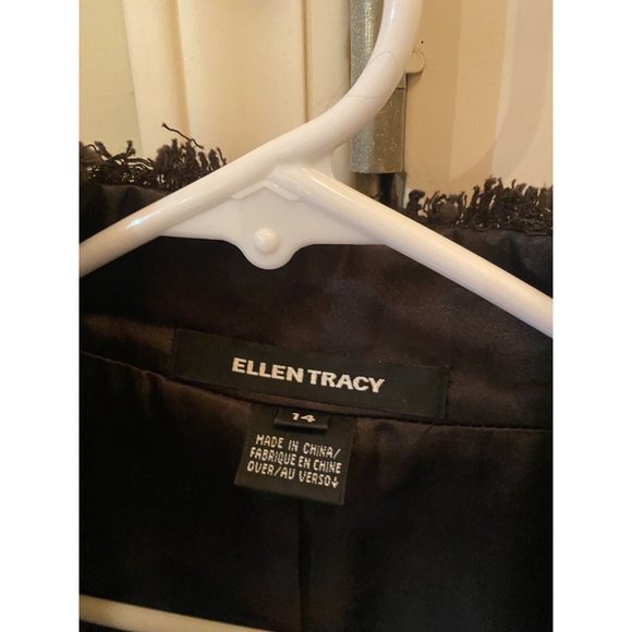 Ellen Tracy Wool Blend Tailored Jacket‎ Brown Size  14 Dressy Fringe Trim Blazer - Picture 4 of 5